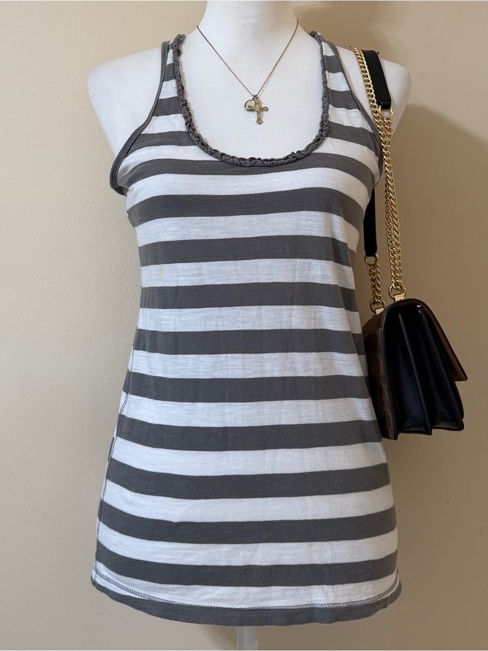 2000s vintage 2010 whimsical white & gray striped tank top with ruffle neckline